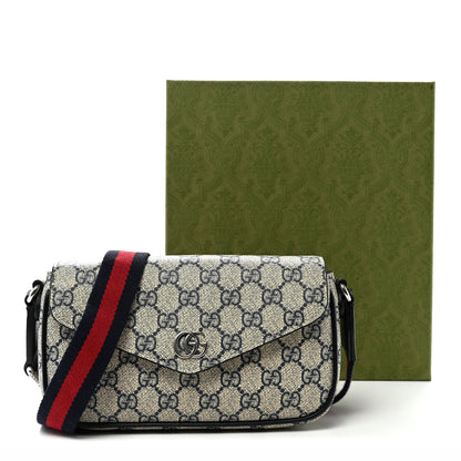 Gucci GG Supreme Monogram Textured Dollar Calfskin Web Mini Ophidia Envelope Shoulder Bag Beige Blue 10 of 10
