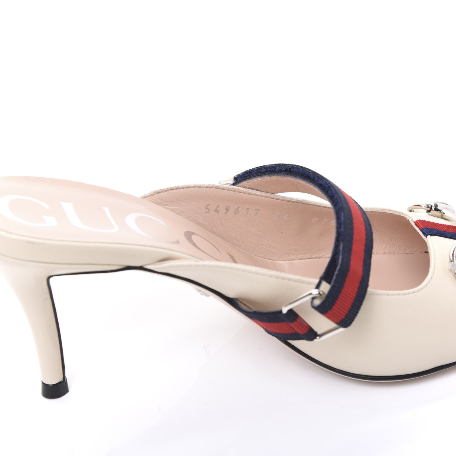Gucci Malaga Kid Sylvie Web Cross Strap Mid-Heel Slides 36 Vintage White 8 of 9