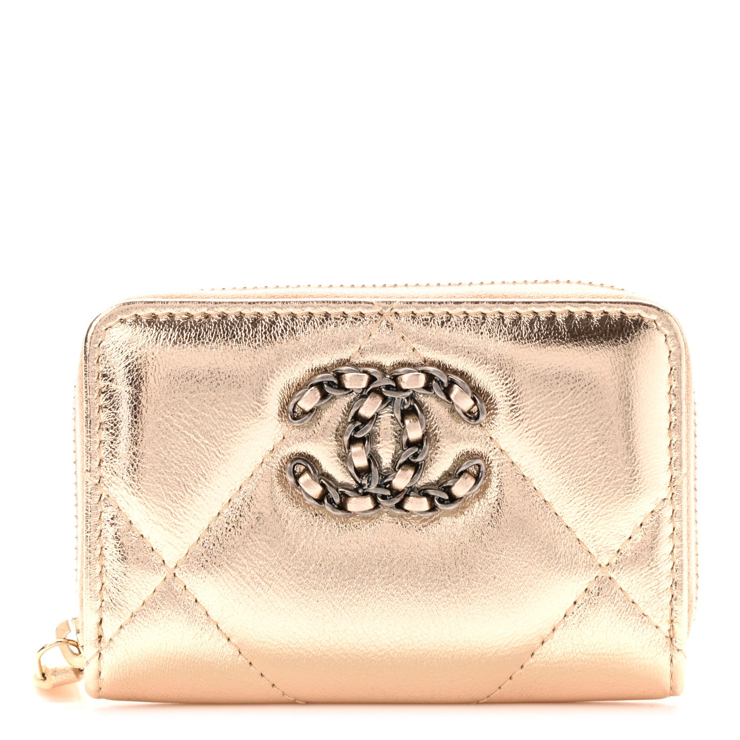 Chanel Metallic Lambskin Quilted Chanel 19 Zip Around Coin Purse Wallet Gold 1 of 7