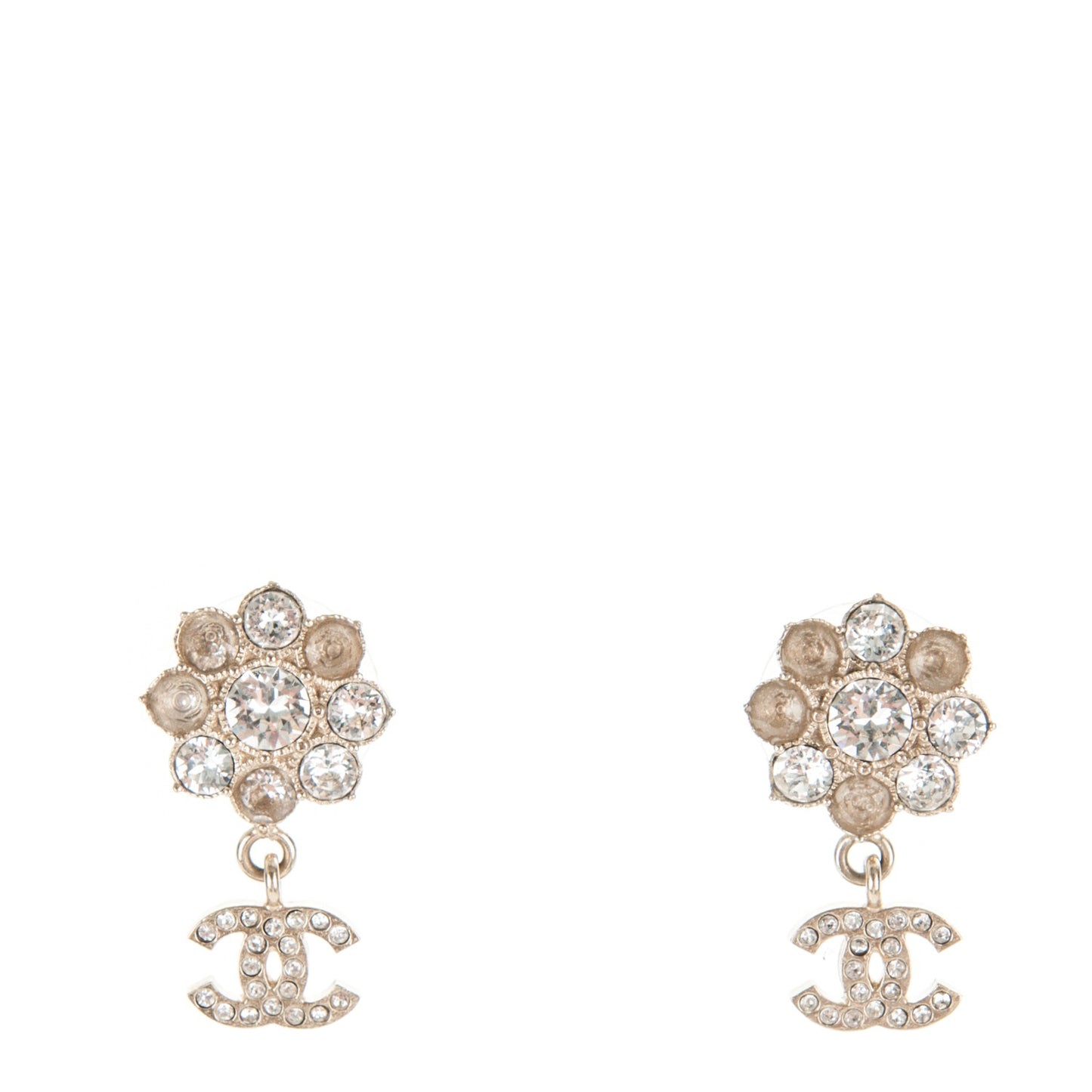 Crystal CC Flower Dangle Earrings Gold Beige