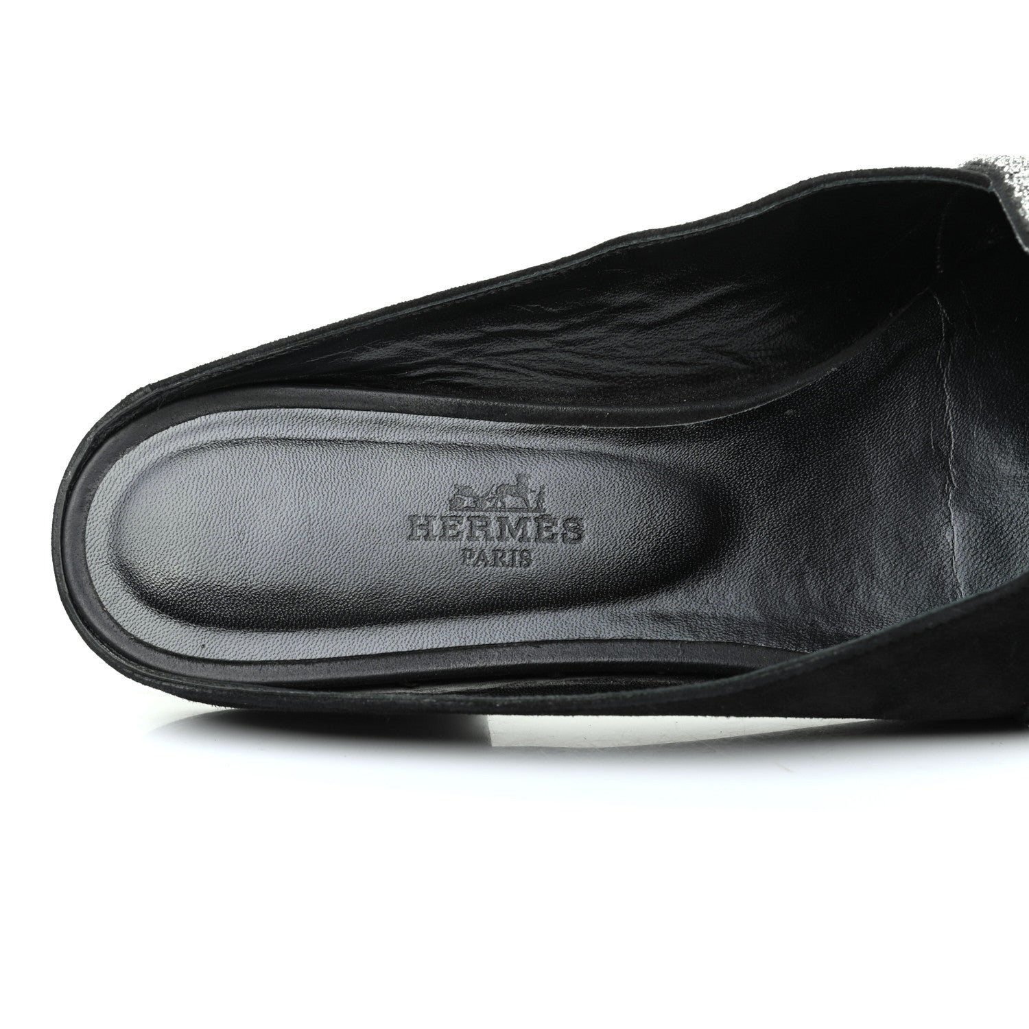 Hermes Suede Goatskin Crystal Roxane Mules 38 Gris Argente Black 8 of 8