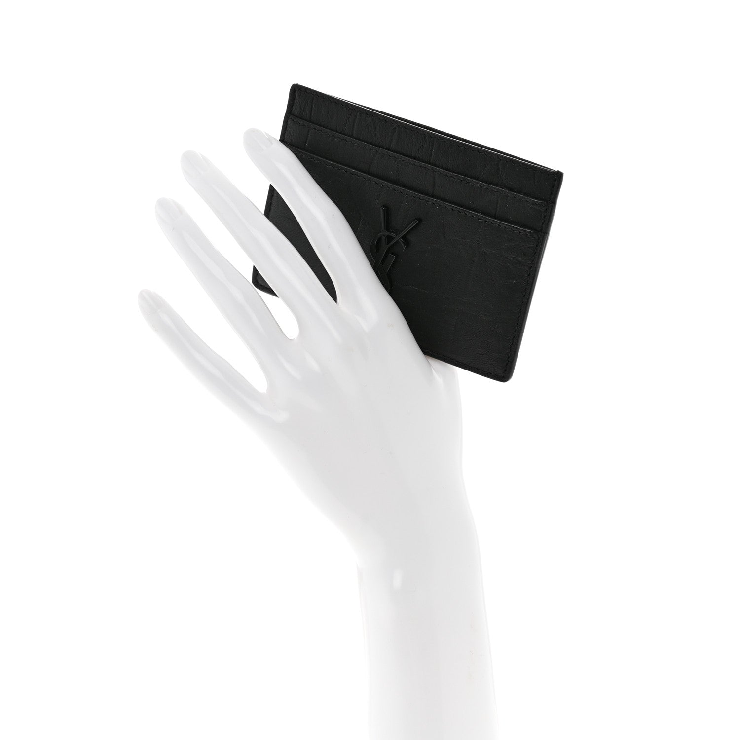 Saint Laurent Calfskin Crocodile Embossed Monogram Credit Card Case Black 2 of 8