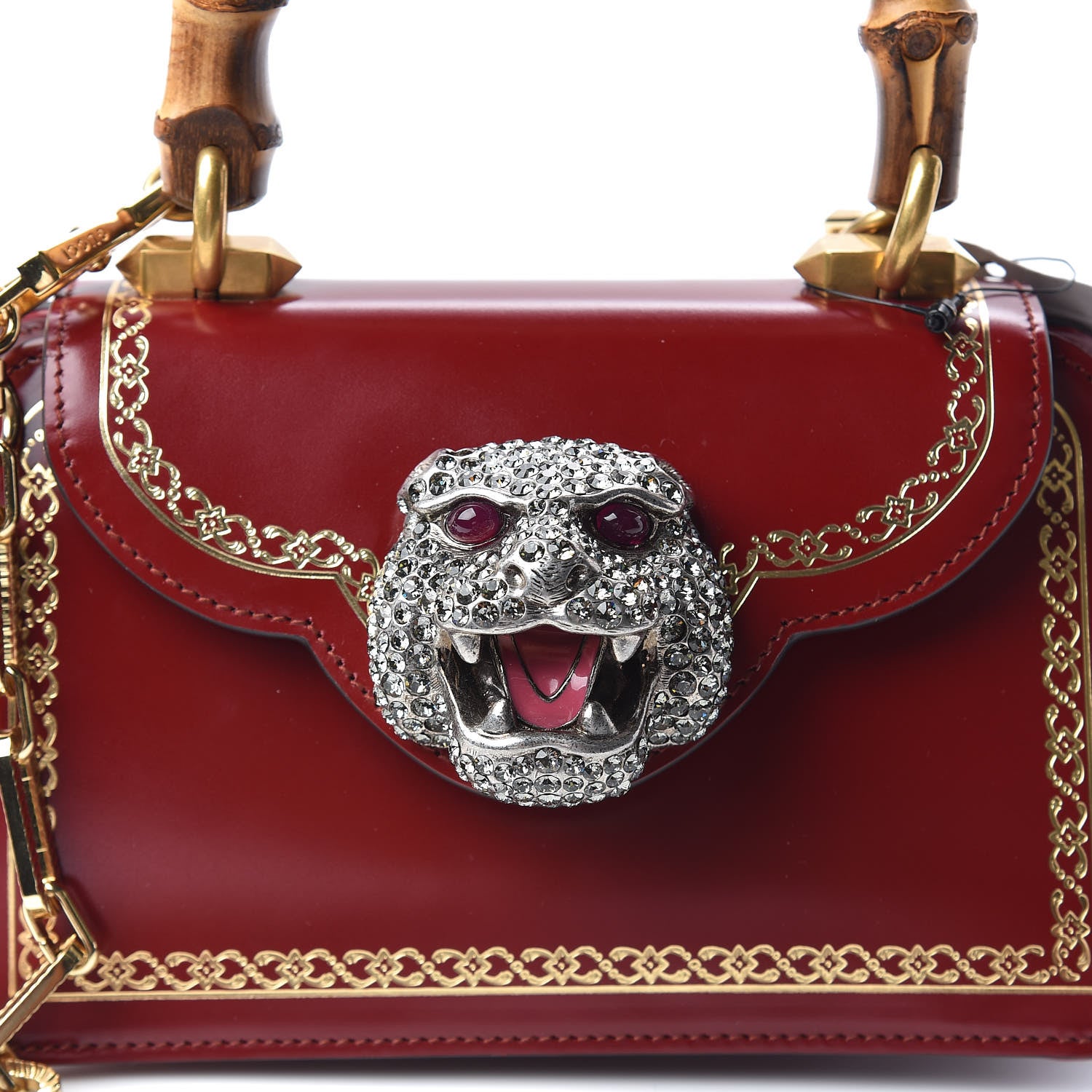 Gucci Calfskin Lisse Cornice Crystal Mini Thiara Top Handle Bag Cerise Red Gold Multicolor 10 of 10