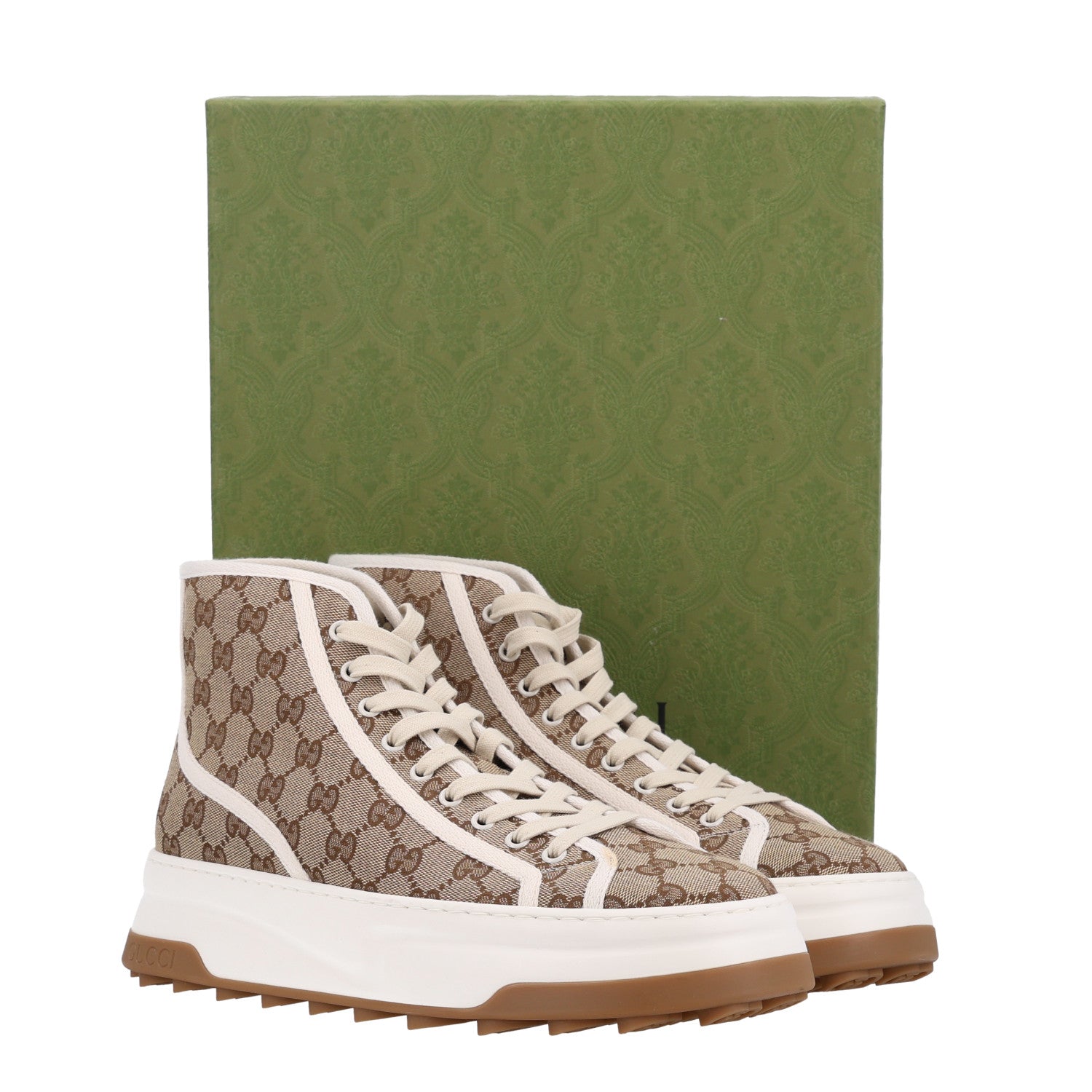 Gucci GG Monogram Mens 1977 Tennis High Top Platform 55mm Sneakers 9 Beige Ebony Mystic White 2 of 10