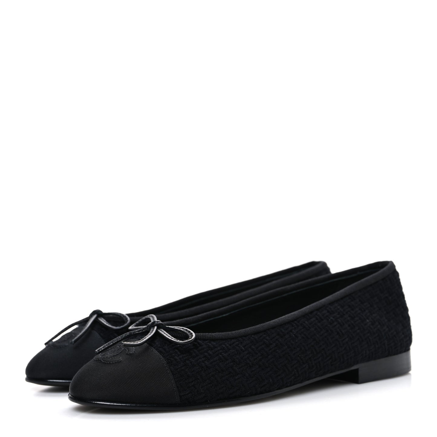 Wool Tweed Grosgrain Cap Toe CC Ballerina Flats 37.5 Black