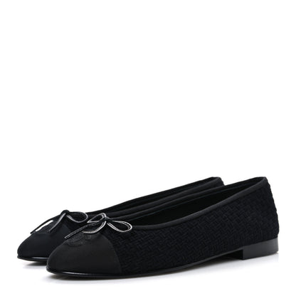 Chanel Wool Tweed Grosgrain Cap Toe CC Ballerina Flats 37.5 Black 4 of 11