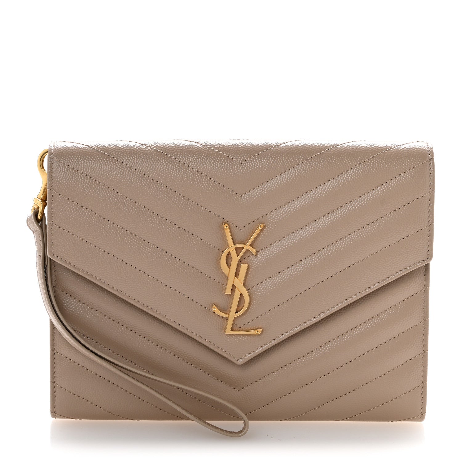 Saint Laurent Grain De Poudre Matelasse Chevron Monogram Envelope Clutch Dark Beige 1 of 12