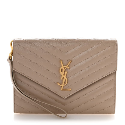 Saint Laurent Grain De Poudre Matelasse Chevron Monogram Envelope Clutch Dark Beige 1 of 12