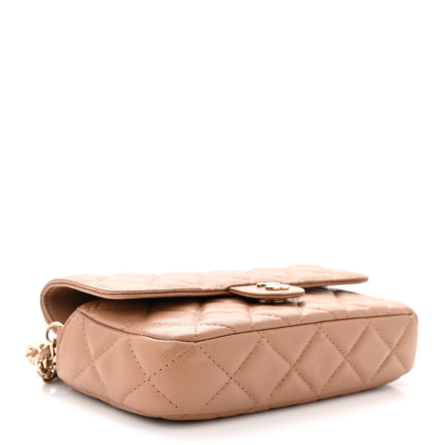 Caviar Quilted Flap Phone Holder With Chain Beige