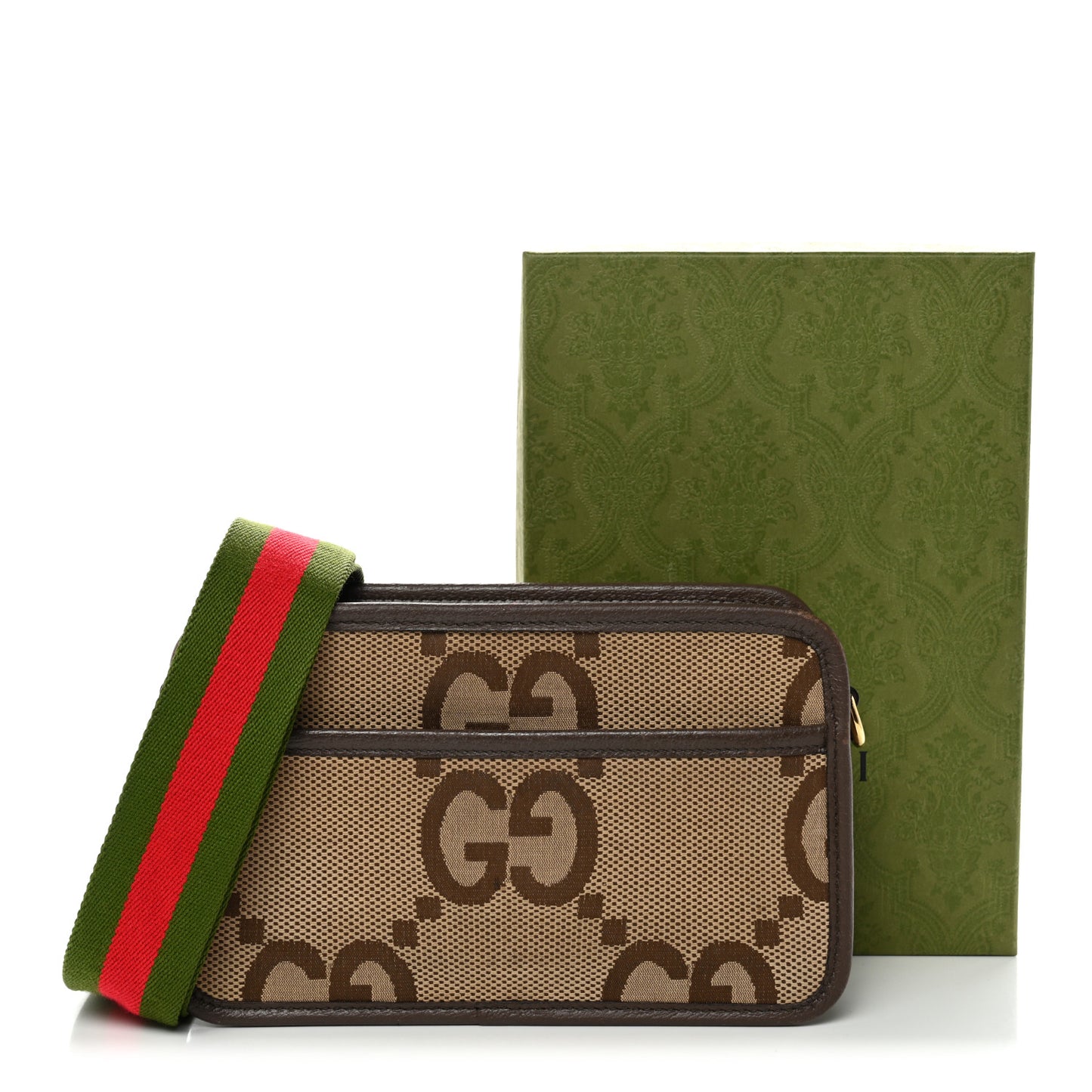 Monogram Jumbo GG Textured Dollar Calfskin Web Mini Crossbody Bag Camel Ebony New Acero