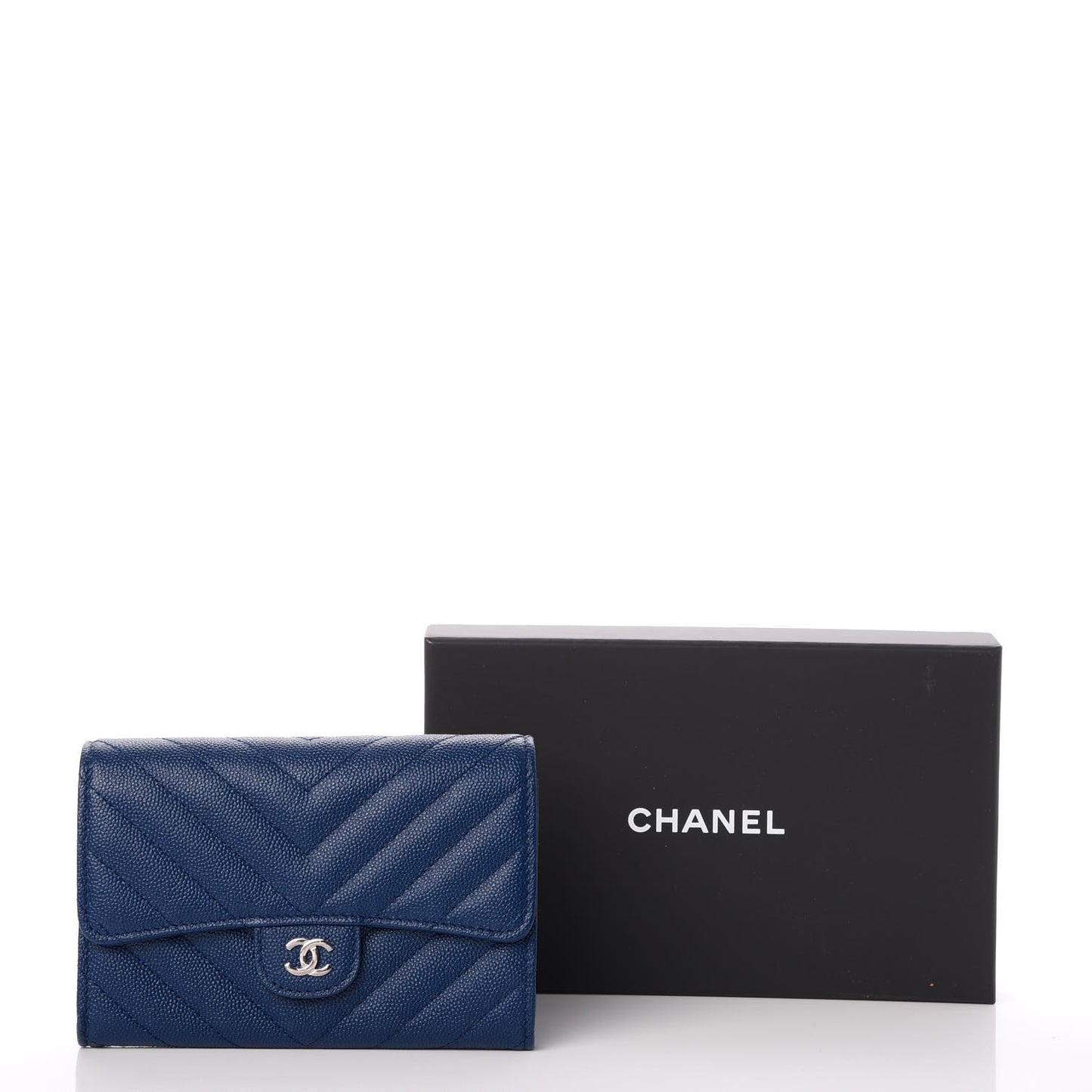 Caviar Chevron Quilted Medium Flap Wallet Blue
