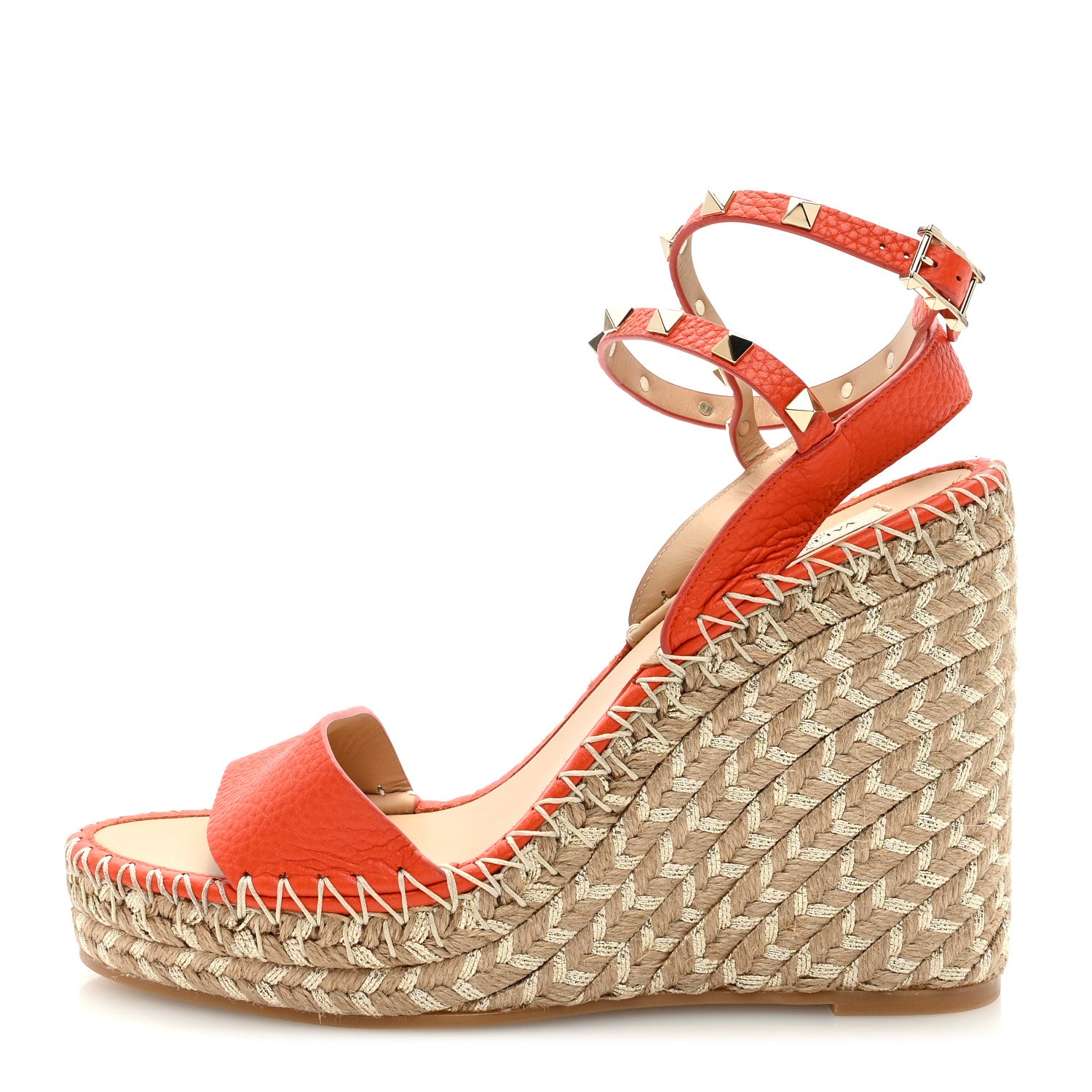 Valentino Garavani Grained Calfskin Rockstud Ankle Strap Espadrille Wedge Sandals 40 Titian Natural 1 of 7