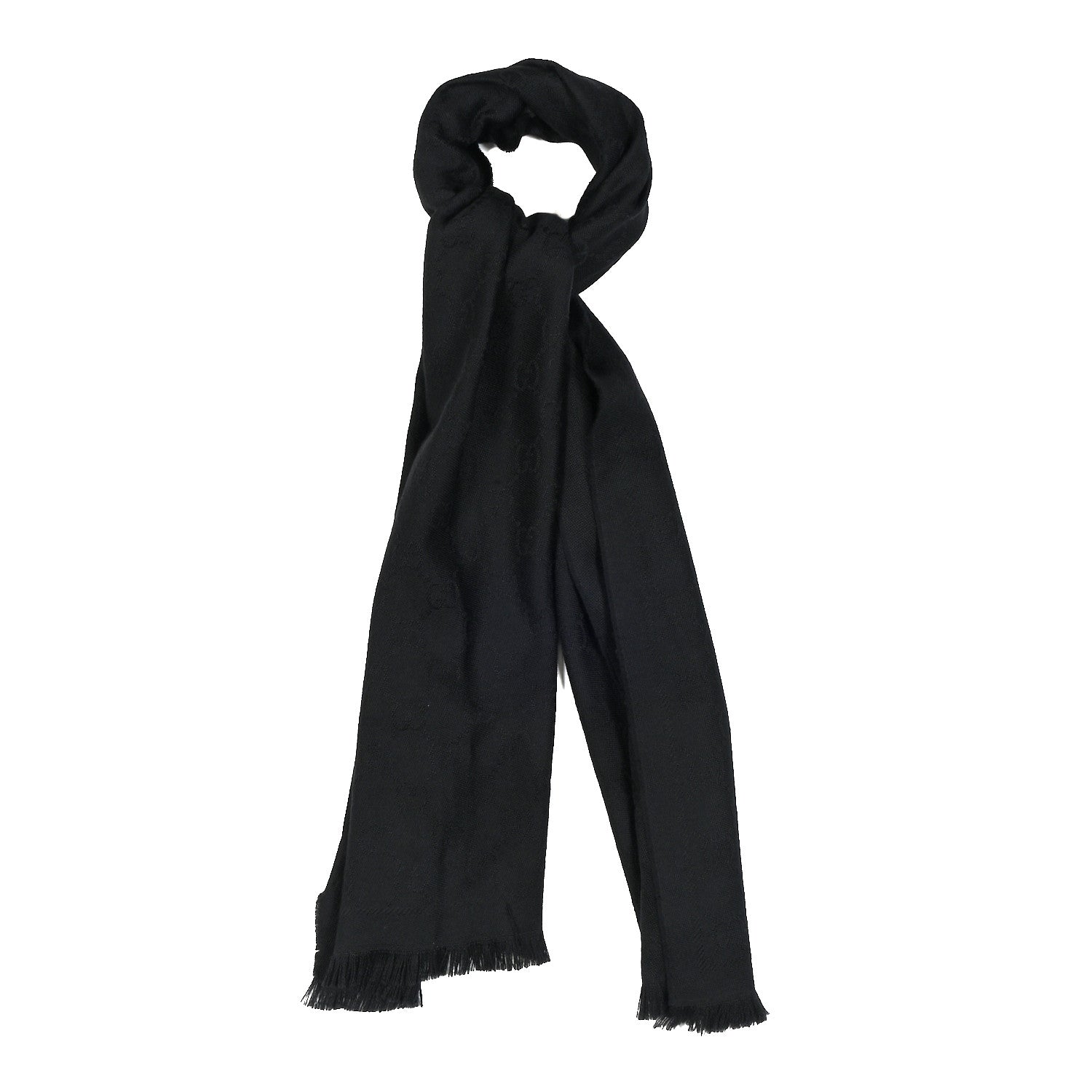 Gucci Wool GG Monogram Sten Fringe Scarf Black 1 of 4