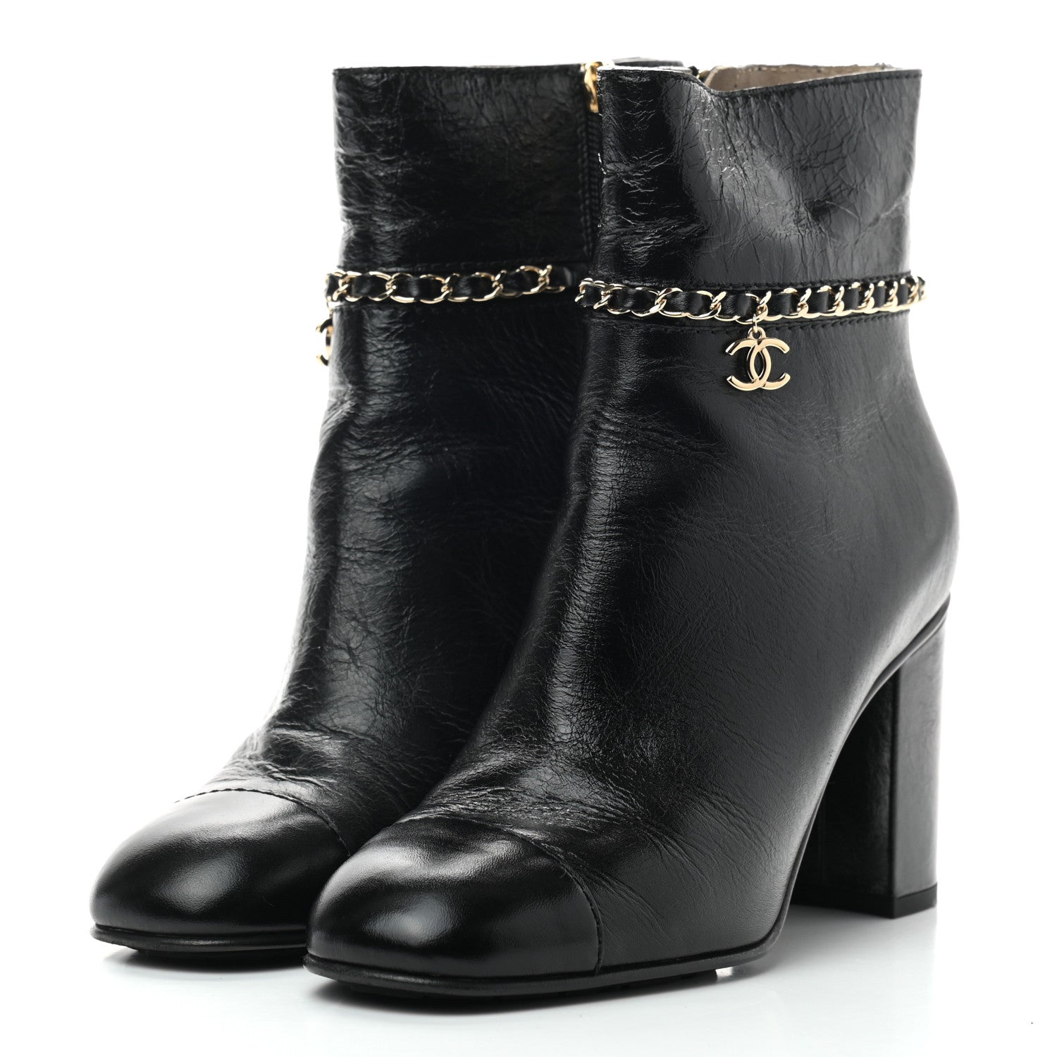 Chanel Crumpled Calfskin Cap Toe Chain Short Boots 37.5 Black 3 of 6