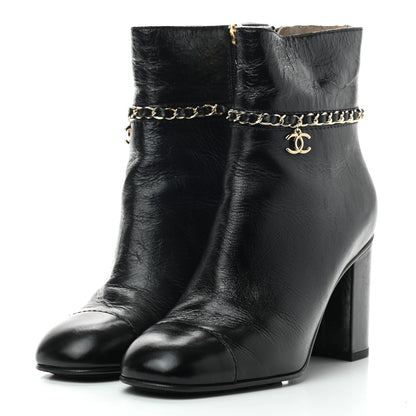 Chanel Crumpled Calfskin Cap Toe Chain Short Boots 37.5 Black 3 of 6