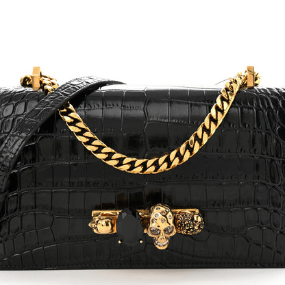 Alexander McQueen Calfskin Crocodile Embossed Mini Jeweled Satchel Black 9 of 10