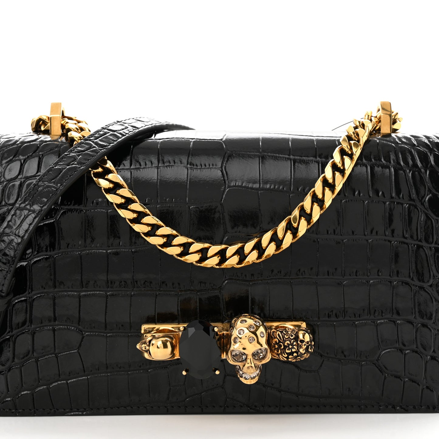 Calfskin Crocodile Embossed Mini Jeweled Satchel Black
