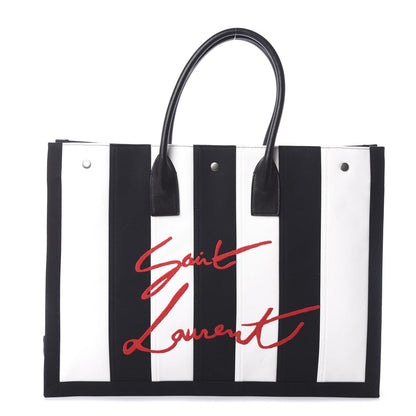 Saint Laurent Canvas Noe Striped Tote Black White 1 of 9