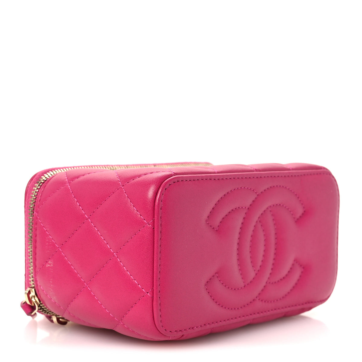 Lambskin Quilted Small Pearl Crush Vanity Case With Chain Fuchsia