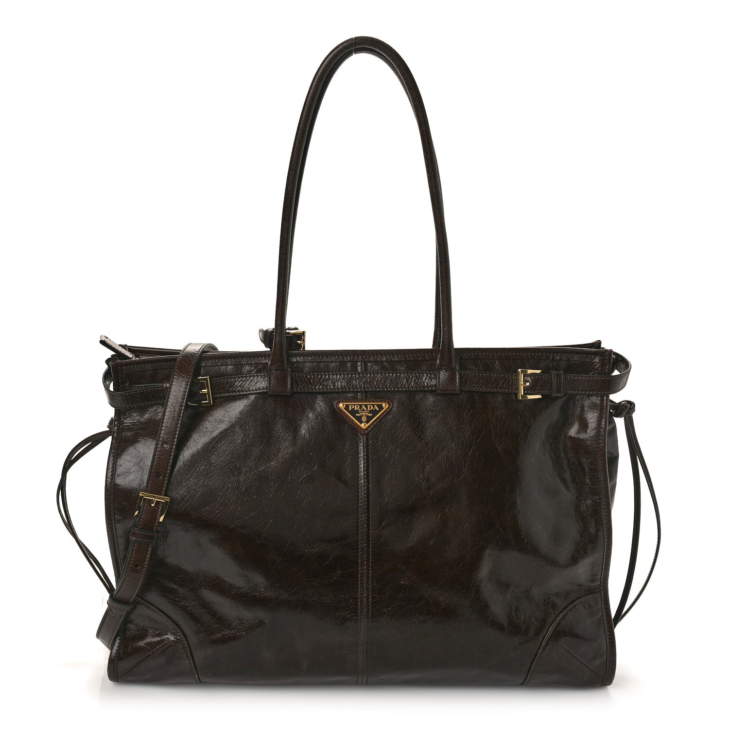Prada Shiny Nappa Large Bonnie Shoulder Bag Dark Brown 1 of 12
