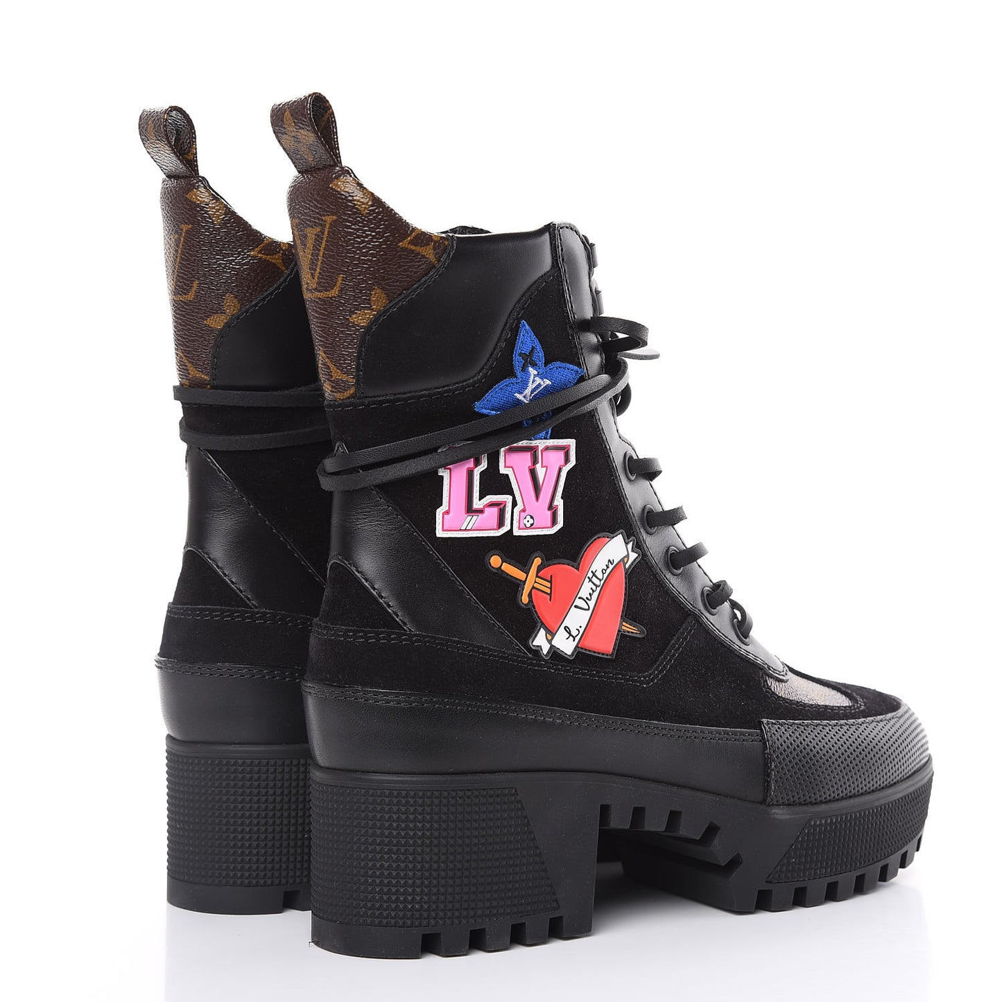 Suede Calfskin Monogram LV Black Heart Laureate Platform Desert Boots 36.5 Black