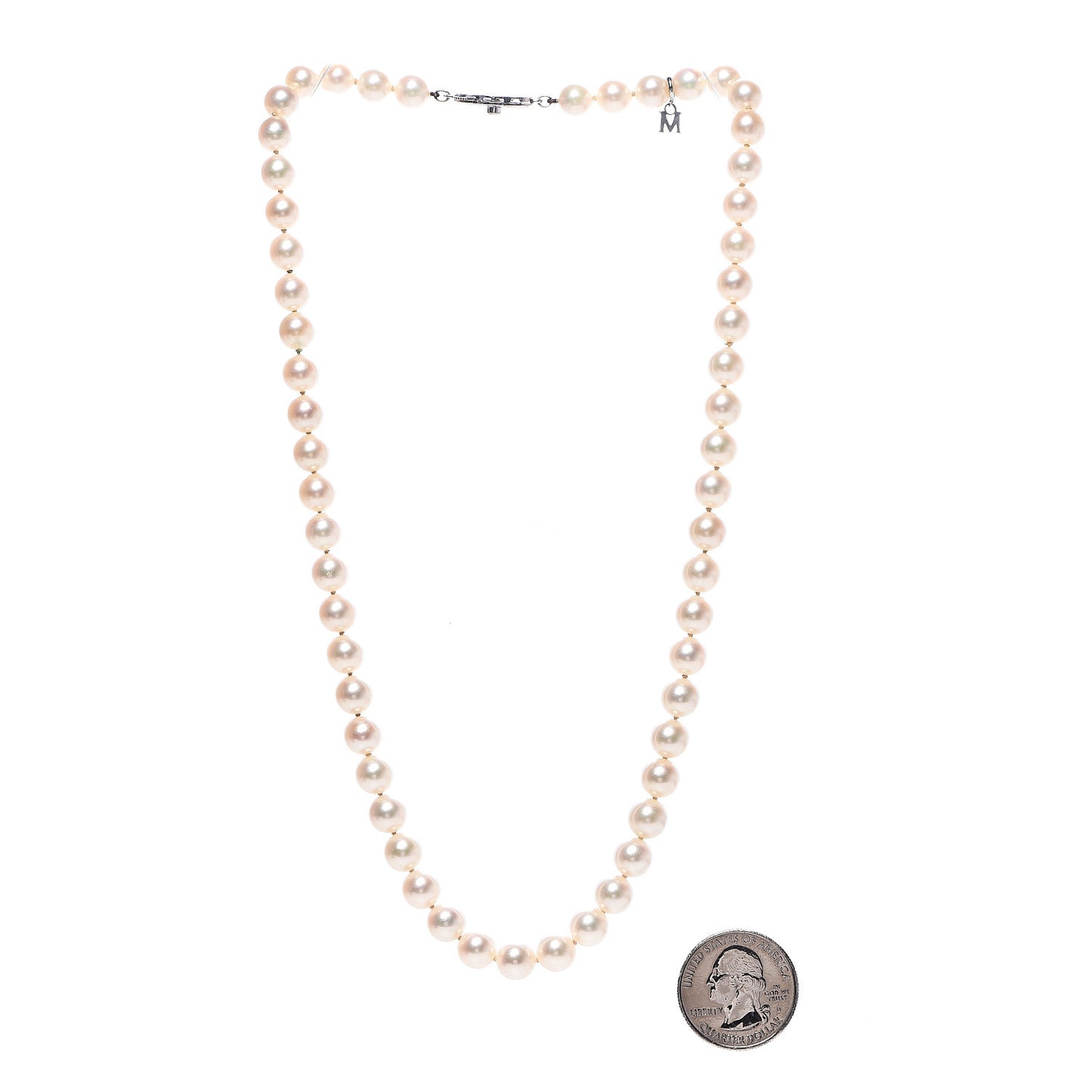 Sterling Silver 18K White Gold Diamond Akoya Pearl 7-8mm Strand Necklace Earring Set