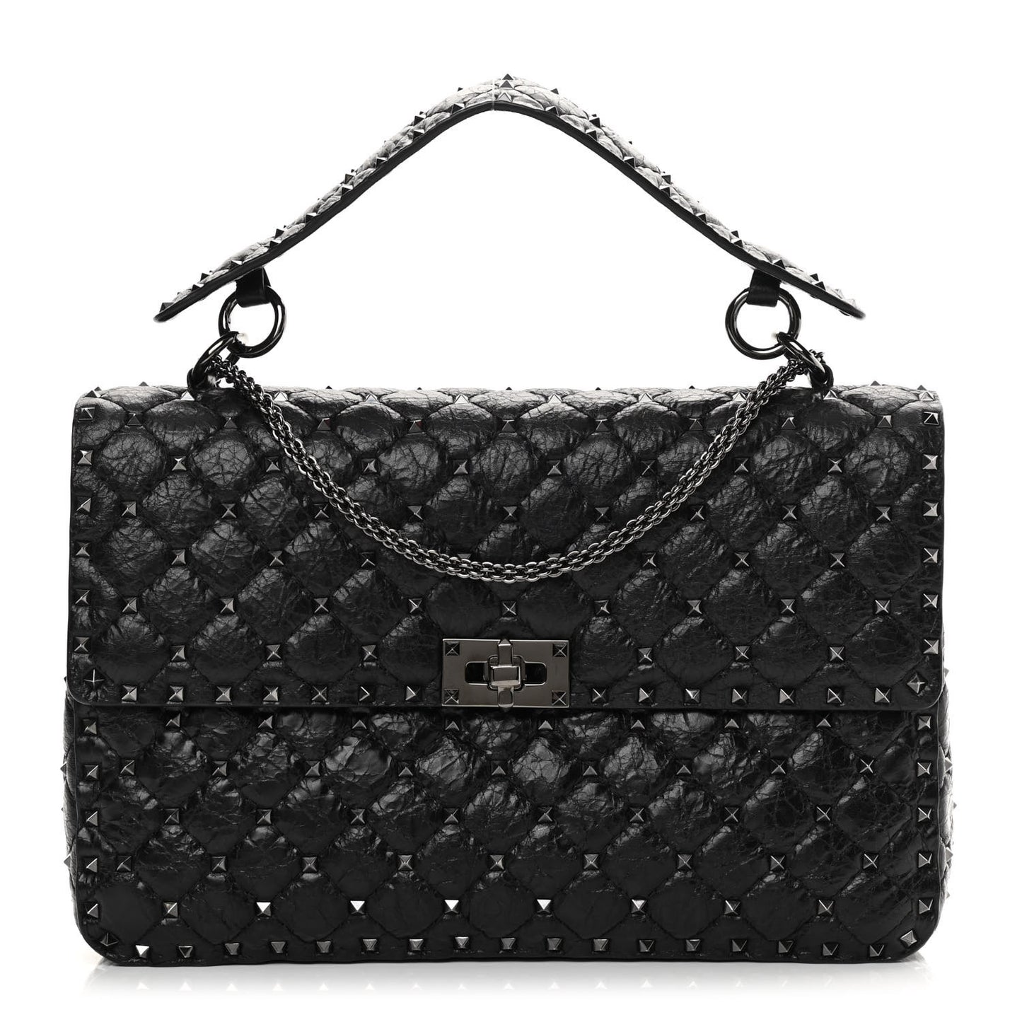 Craquele Nappa Large Rockstud Spike Shoulder Bag Black