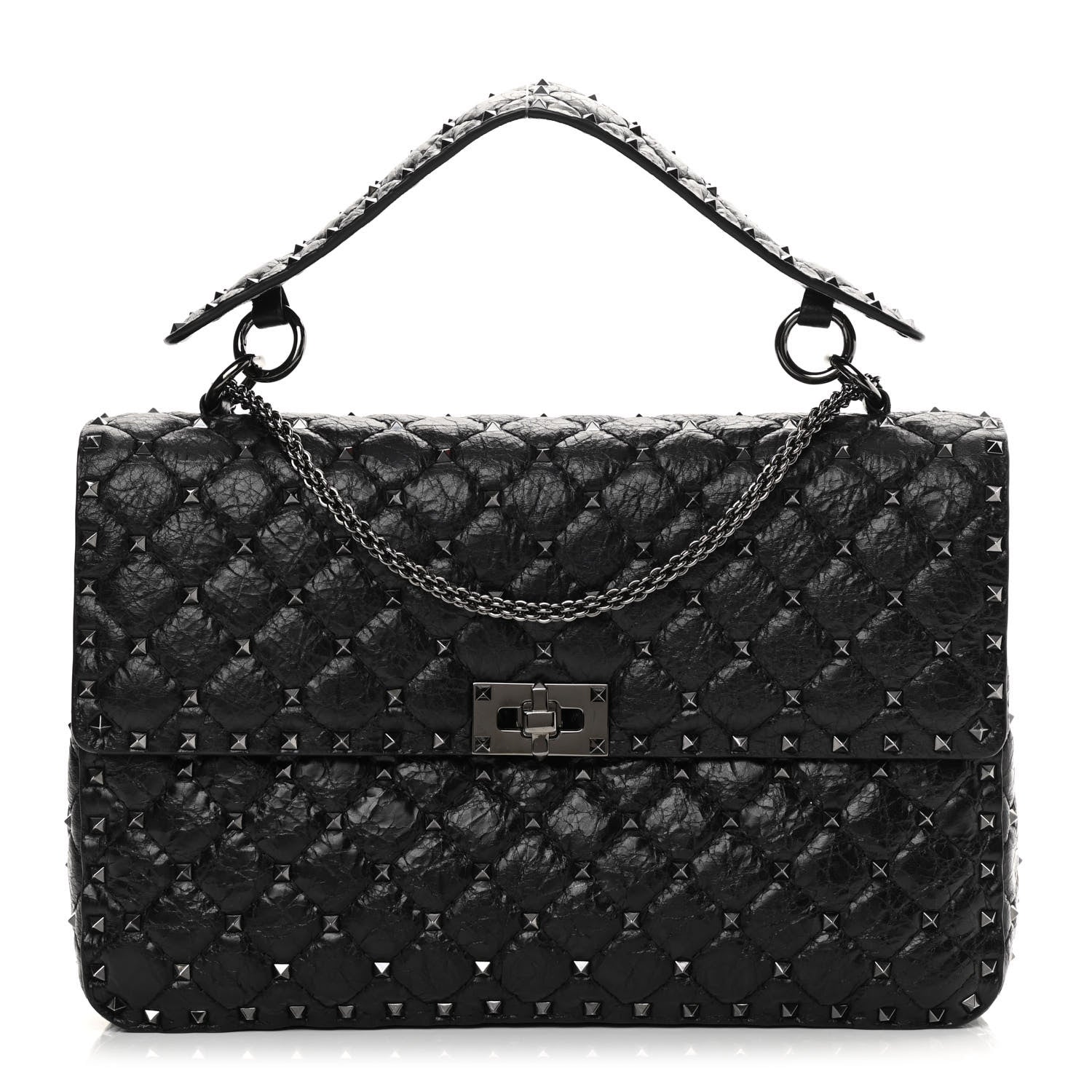 Valentino Garavani Craquele Nappa Large Rockstud Spike Shoulder Bag Black 1 of 11