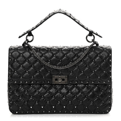 Valentino Garavani Craquele Nappa Large Rockstud Spike Shoulder Bag Black 1 of 11