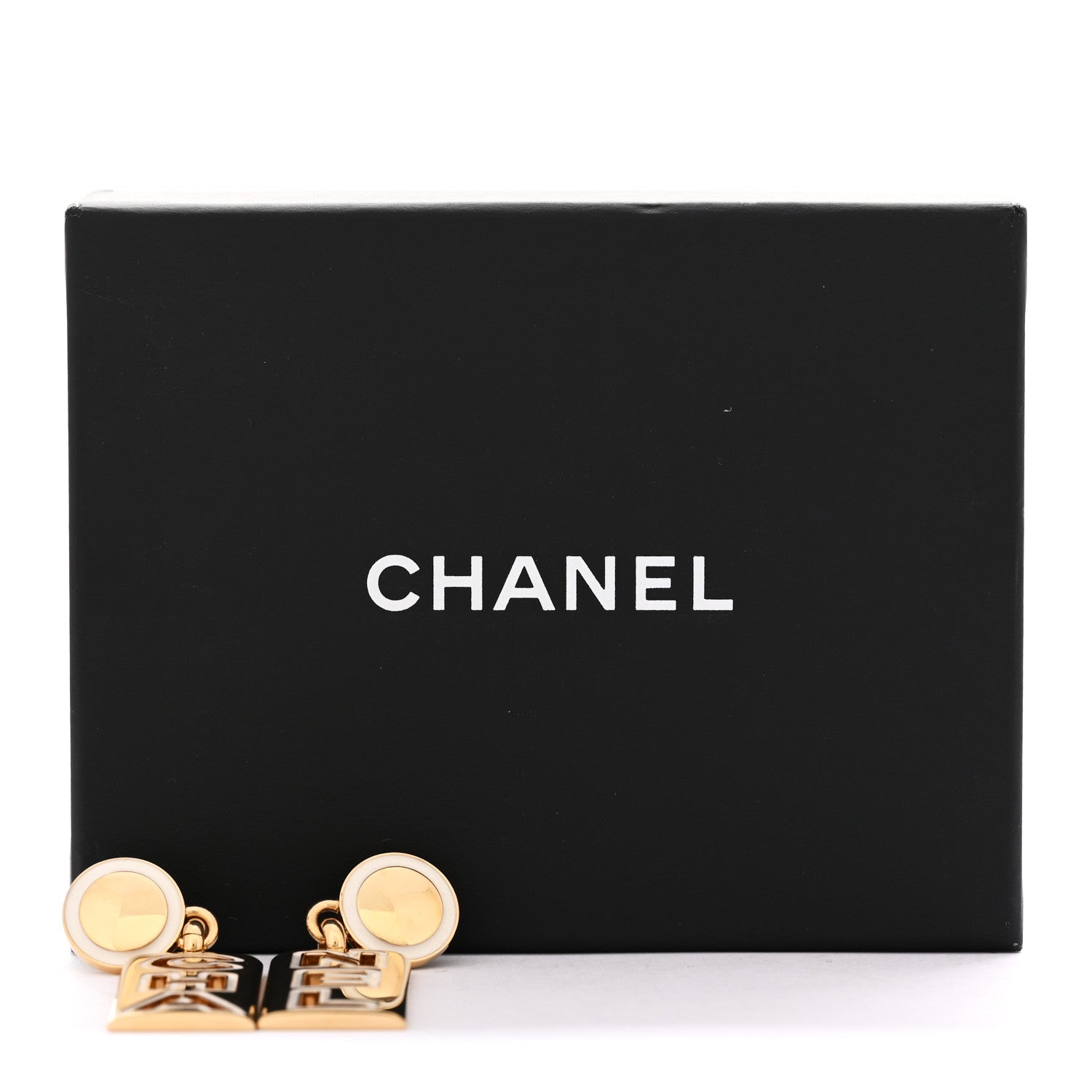 Chanel Metal Enamel Cha-Nel Logo Drop Earrings Gold Black 5 of 5
