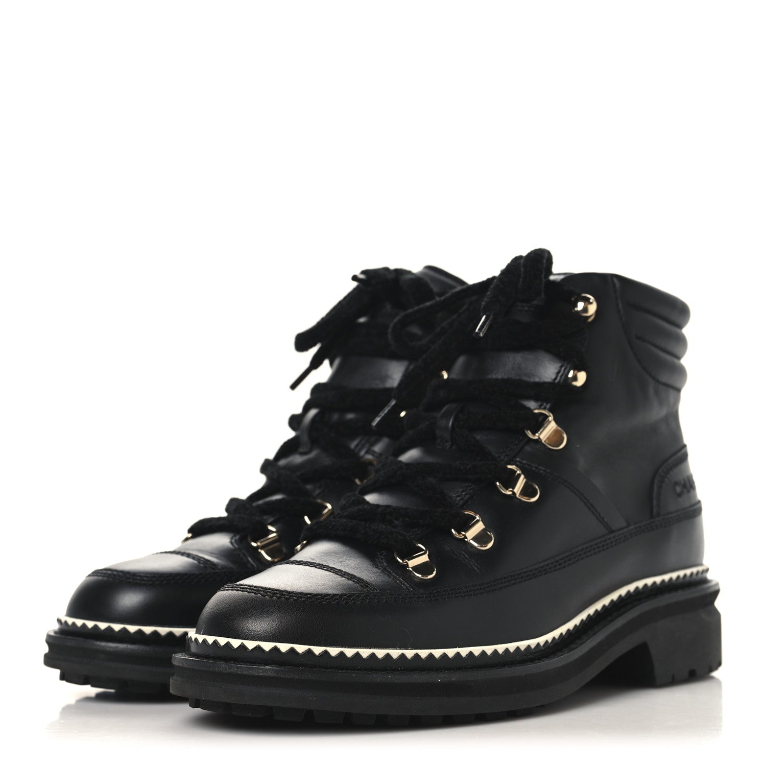Chanel Calfskin Lambskin Lace Up Boots 37.5 Black 4 of 9