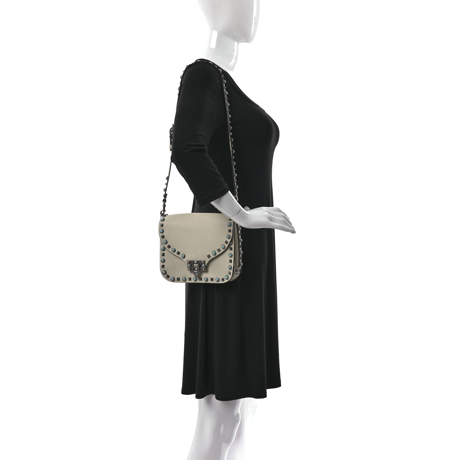 Valentino Garavani Grained Calfskin Turquoise Rockstud Rolling Flip Lock Crossbody Bag Light Ivory 2 of 14