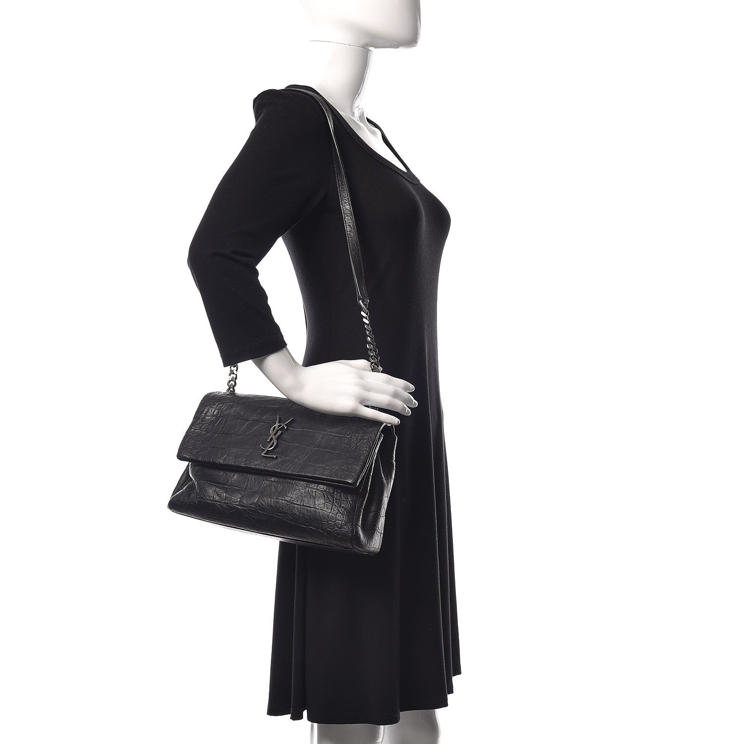 Saint Laurent Calfskin Crocodile Embossed Medium West Hollywood Monogram Fold-Over Black 2 of 16