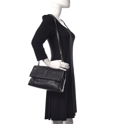 Saint Laurent Calfskin Crocodile Embossed Medium West Hollywood Monogram Fold-Over Black 2 of 16