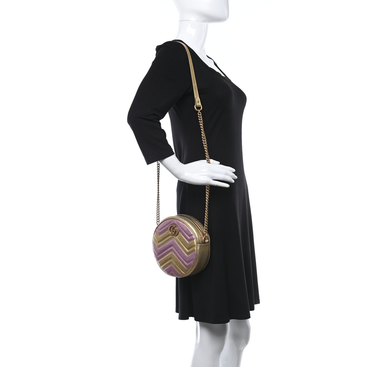 Metallic Calfskin Matelasse Mini GG Marmont Round Shoulder Bag Gold Pink