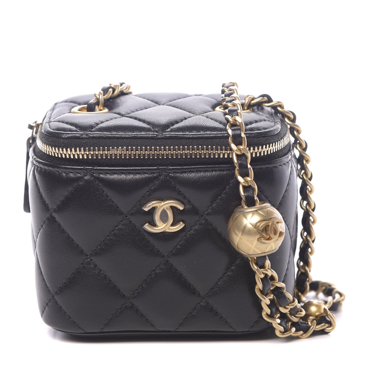 Lambskin Quilted Mini Pearl Crush Vanity Case With Chain Black