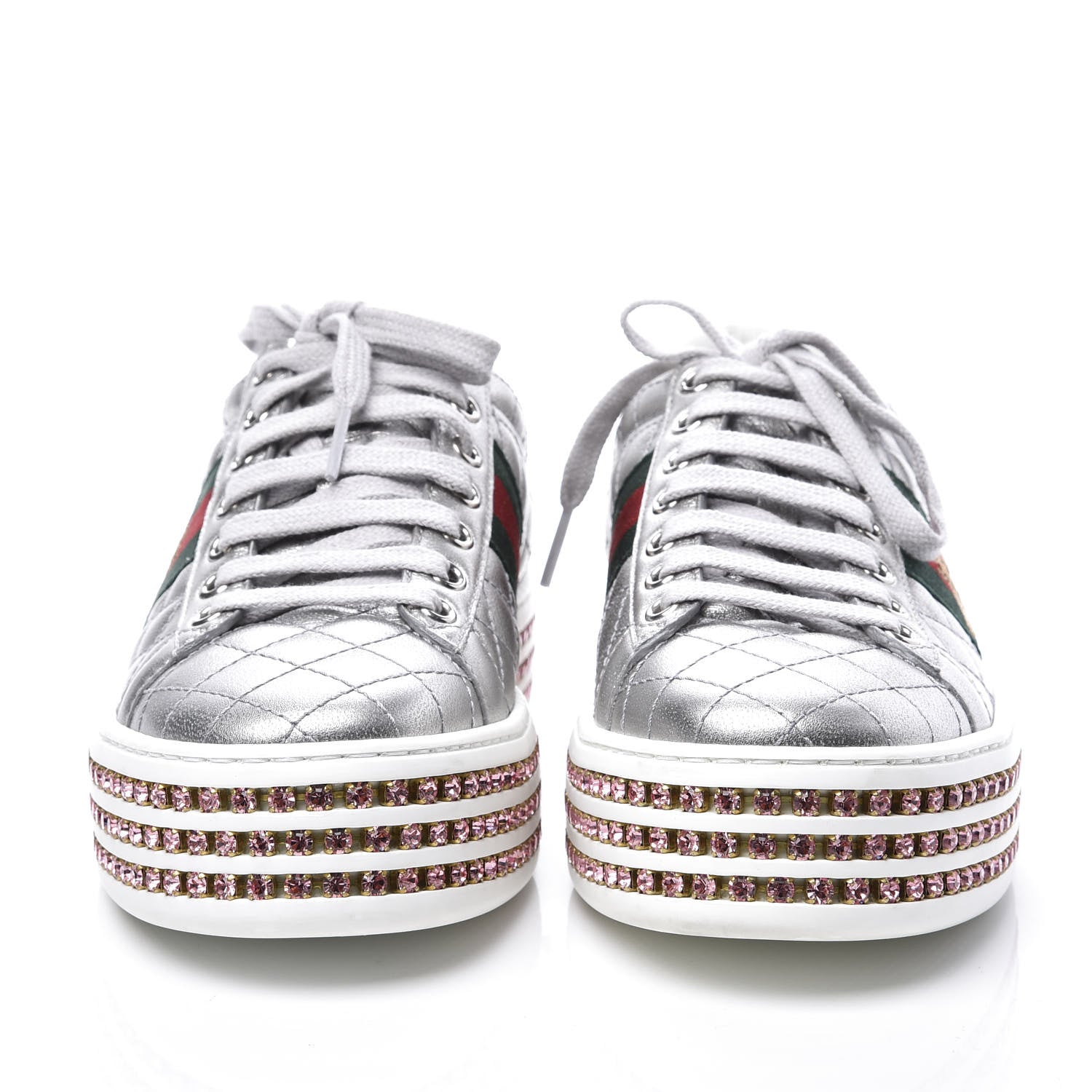 Gucci Laminated Nappa Crystal Web Bee Embroidered Trapuntata Womens Ace Platform Sneakers 36 Argento 3 of 10