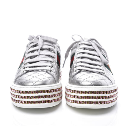 Gucci Laminated Nappa Crystal Web Bee Embroidered Trapuntata Womens Ace Platform Sneakers 36 Argento 3 of 10