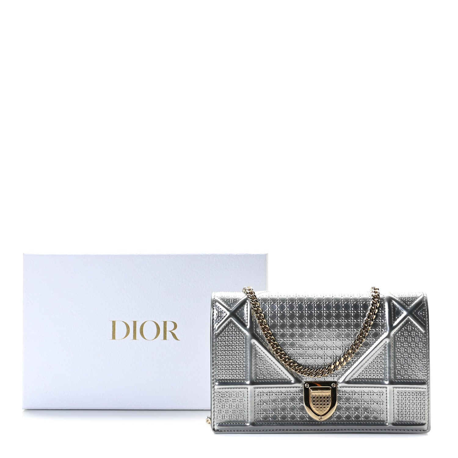 Christian Dior Metallic Patent Micro-Cannage Diorama Wallet on Chain Pouch Graphine 10 of 10