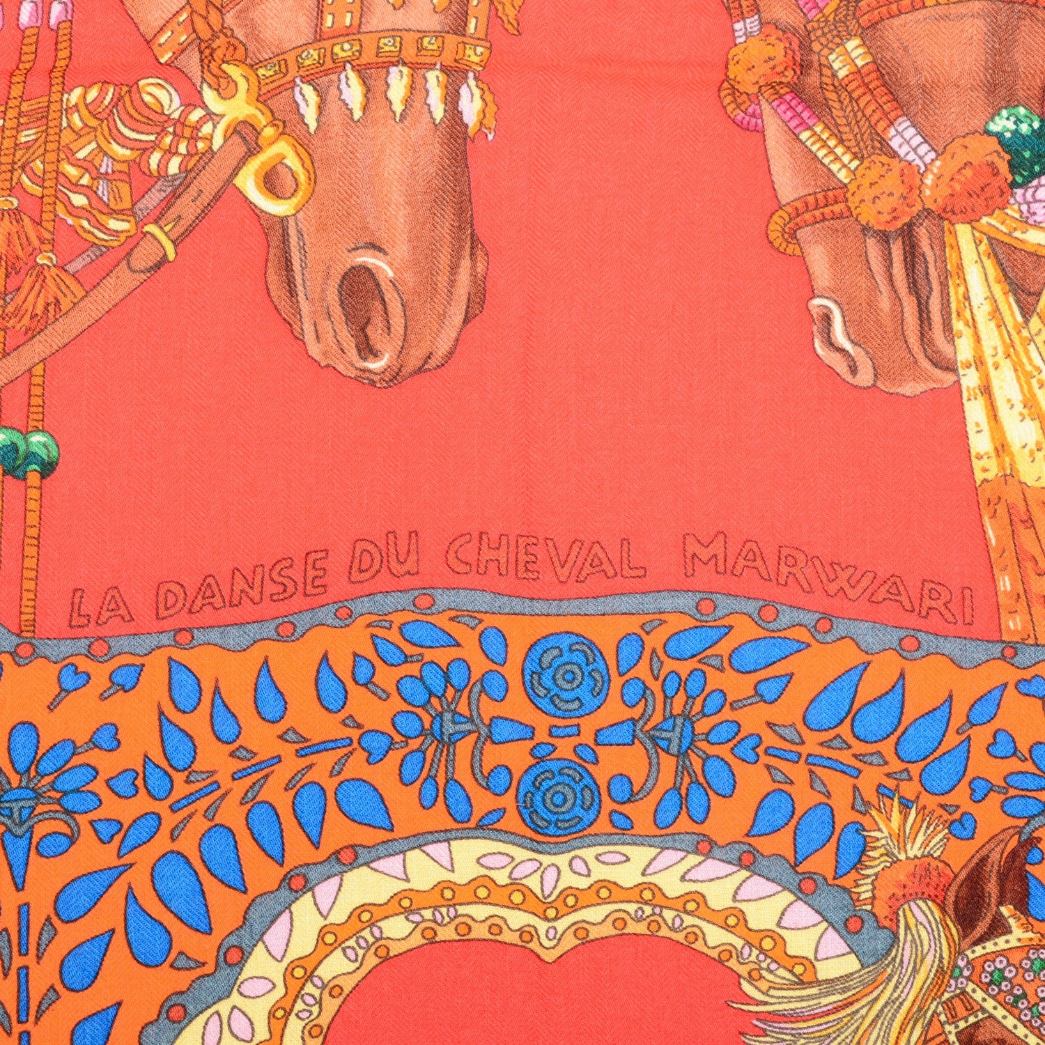 Hermes Cashmere Silk La Danse Du Cheval Marwari Shawl 140 Vermilion Marron Cobalt 4 of 6