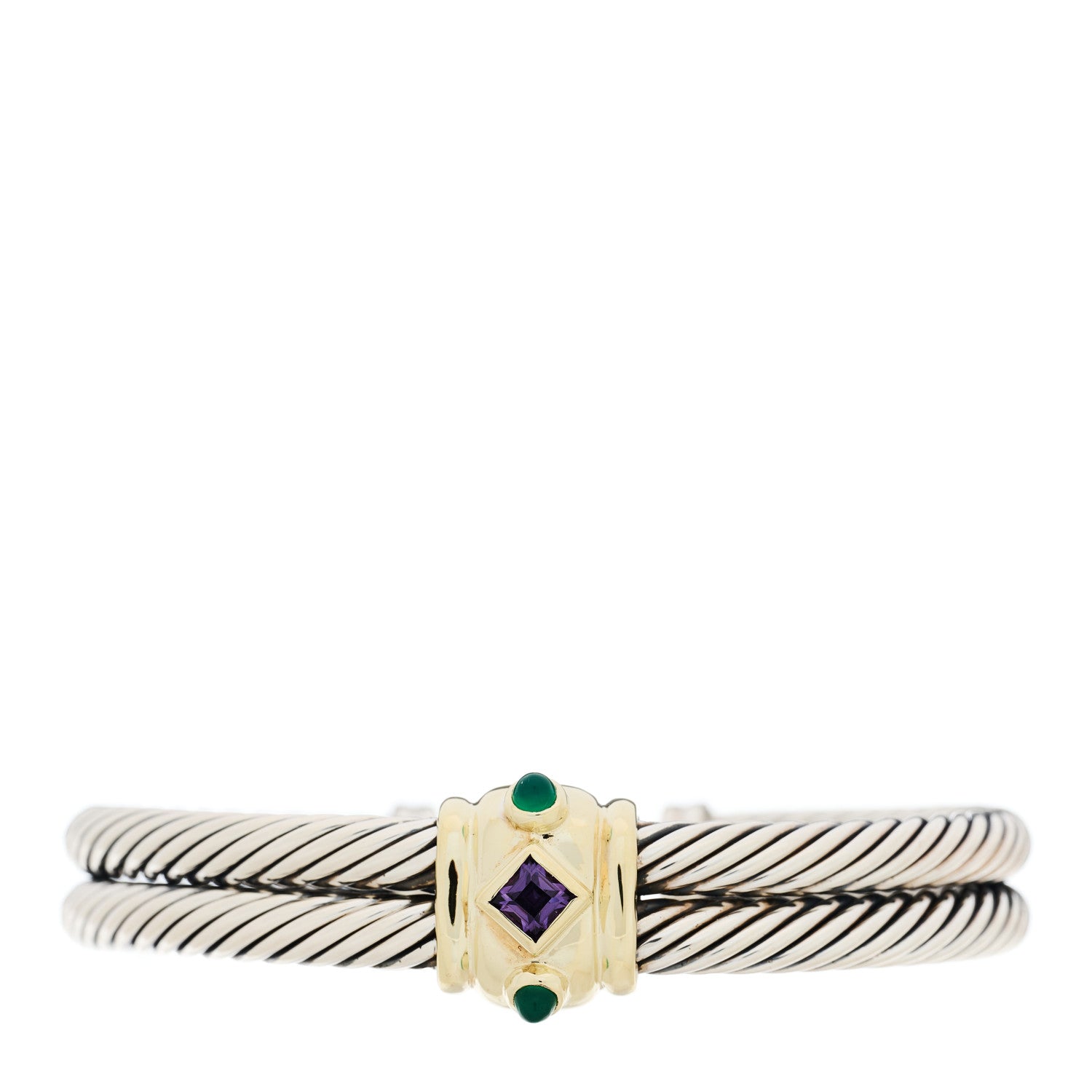 David Yurman Sterling Silver 14K Yellow Gold Amethyst Chalcedony Renaissance Station Double Cable Bracelet 1 of 4