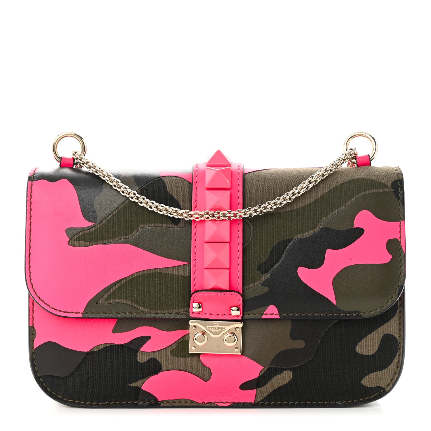 Valentino Garavani Nappa Canvas Camouflage Medium Glam Lock Rockstud Flap Fuxia Fluo 1 of 11
