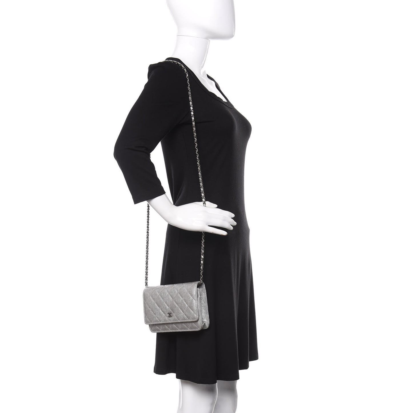 Metallic Caviar Quilted Wallet on Chain WOC Silver