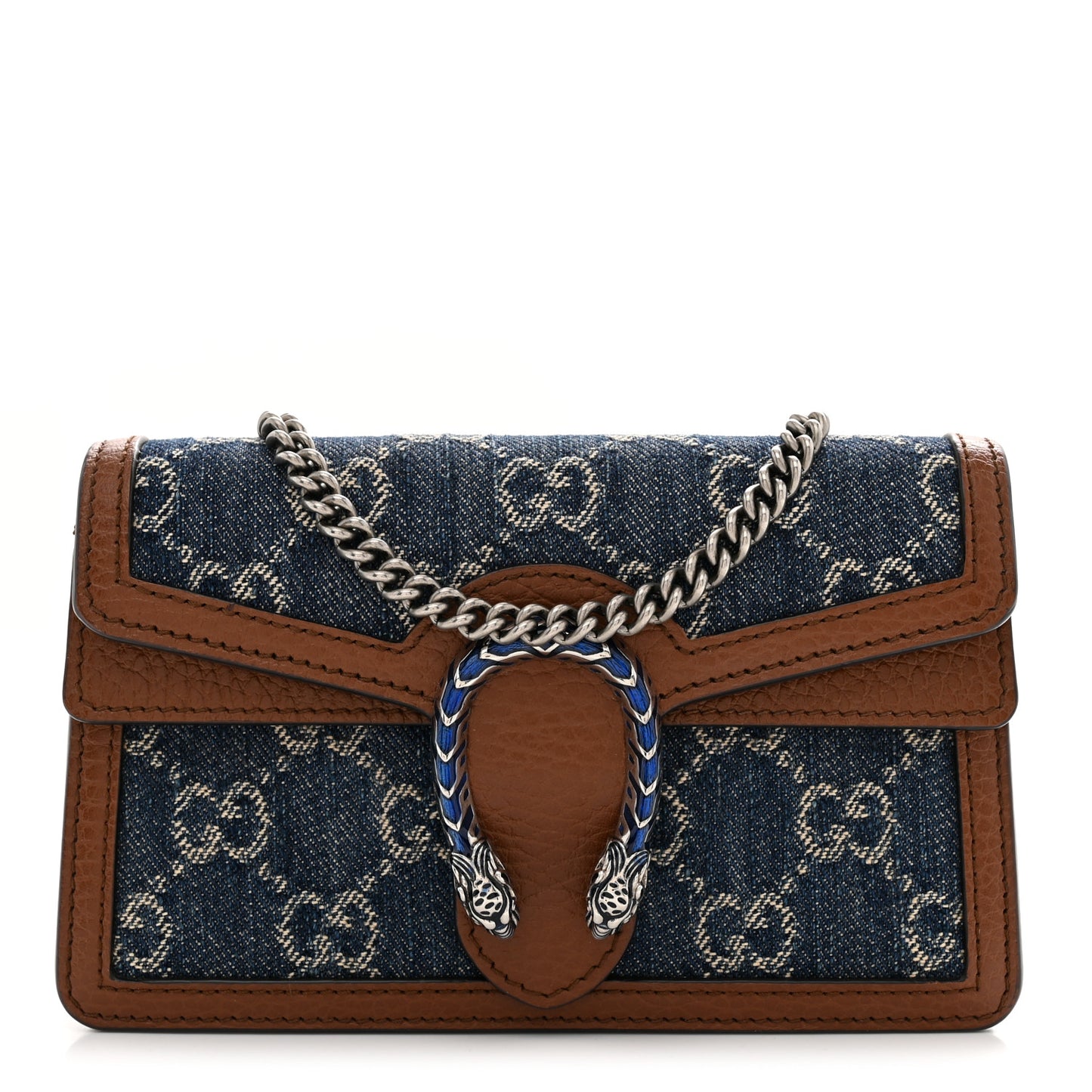 New Denim GG Monogram Dollar Calfskin Enamel Super Mini Dionysus Shoulder Bag Blue Tea Cuir Epilog Electric Blue