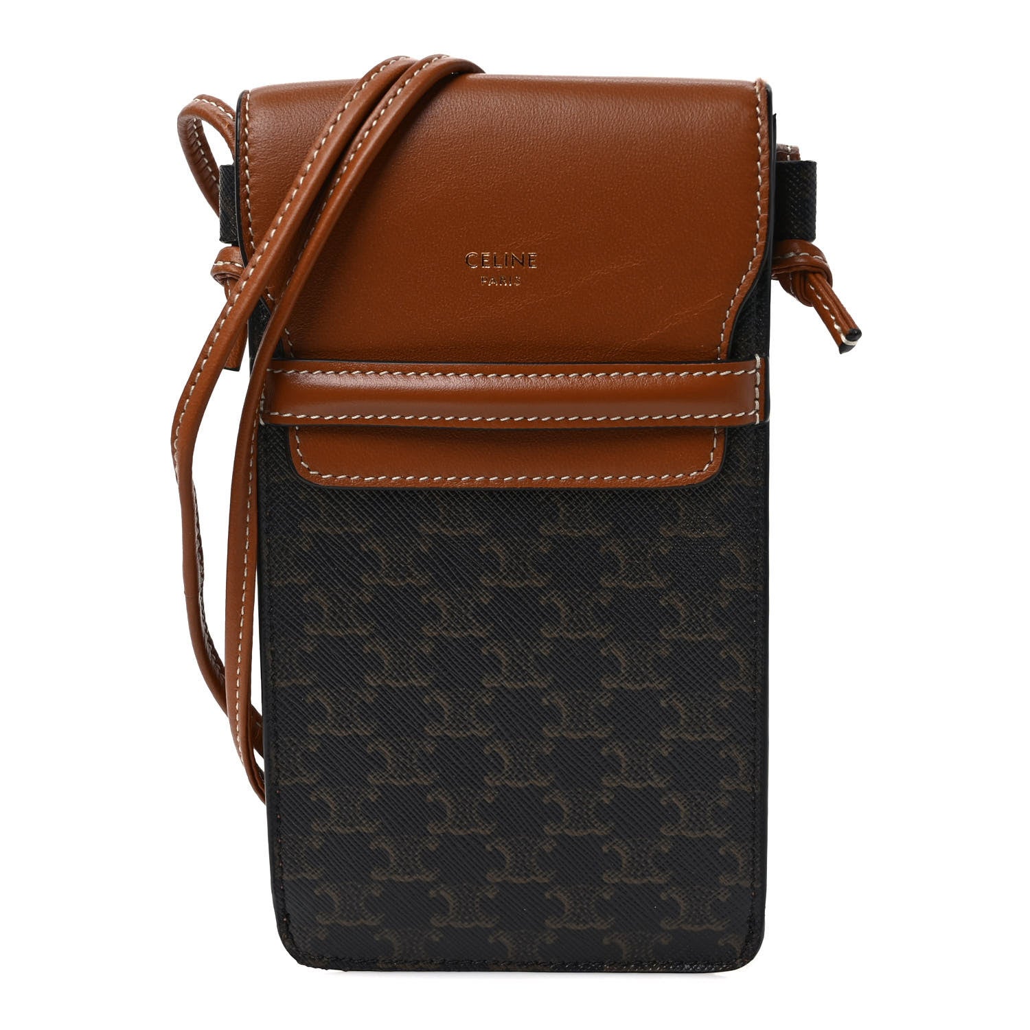Celine Triomphe Canvas Lambskin Phone Pouch With Flap Tan 1 of 9