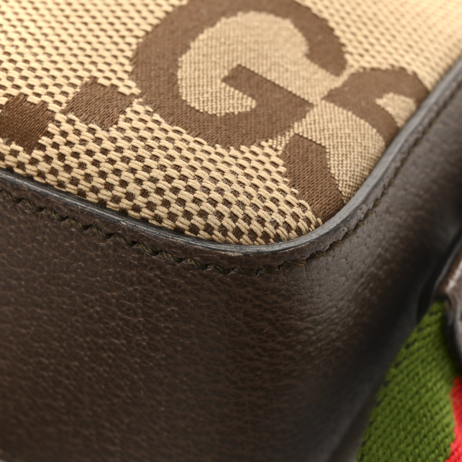 Gucci Monogram Jumbo GG Textured Dollar Calfskin Web Messenger Shoulder Bag Camel Ebony New Acero 15 of 16
