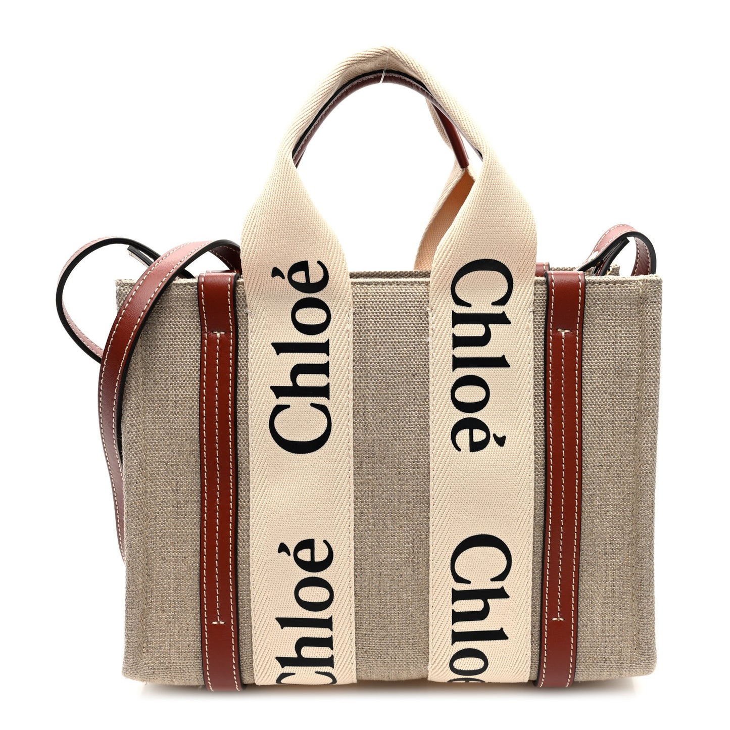 Linen Calfskin Small Woody Ribbon Tote With Strap White Brown