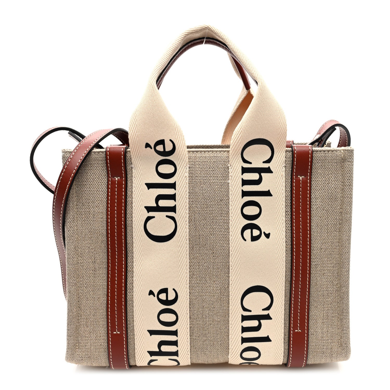 Chloe Linen Calfskin Small Woody Ribbon Tote With Strap White Brown 1 of 9