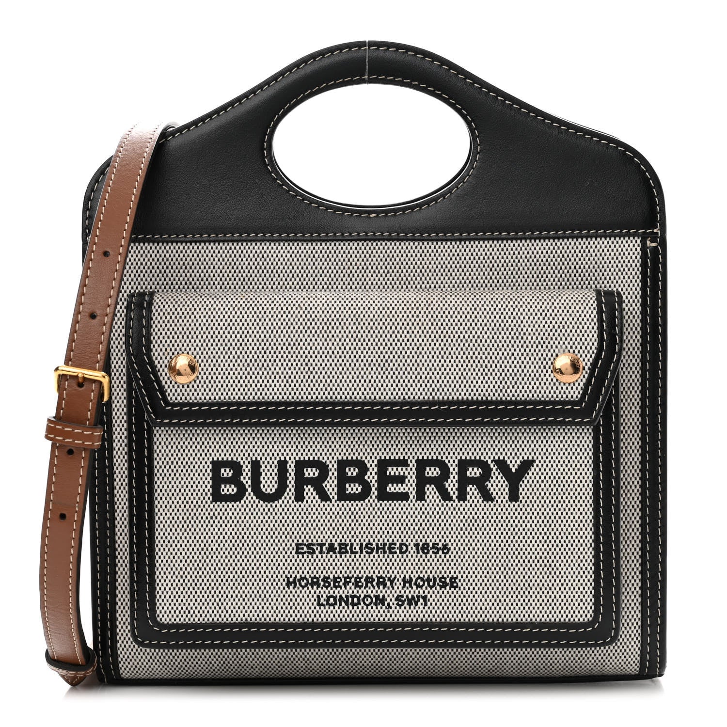 Burberry Smooth Calfskin Canvas Two Tone Mini Pocket Bag Black Tan 1 of 13