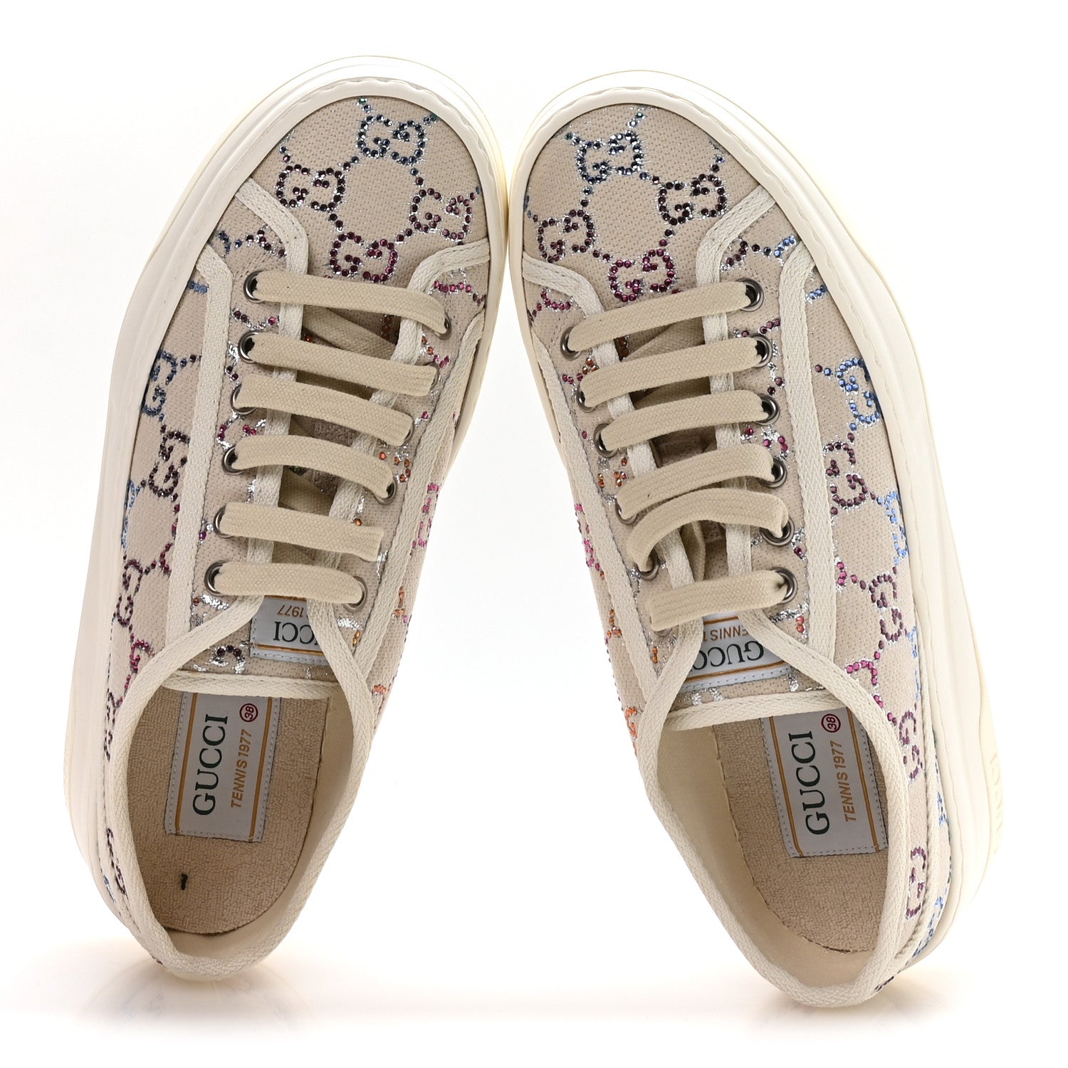 Gucci Canvas Lame Crystal GG Monogram Womens 1977 Tennis Platform 52mm Sneakers 38 Gardenia Silver Mystic White 2 of 9